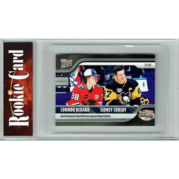 Certified Mint+ Connor Bedard 2024 Topps Now #107 w Sidney Crosby Rookie Card Sticker Back Chicago Blackhawks