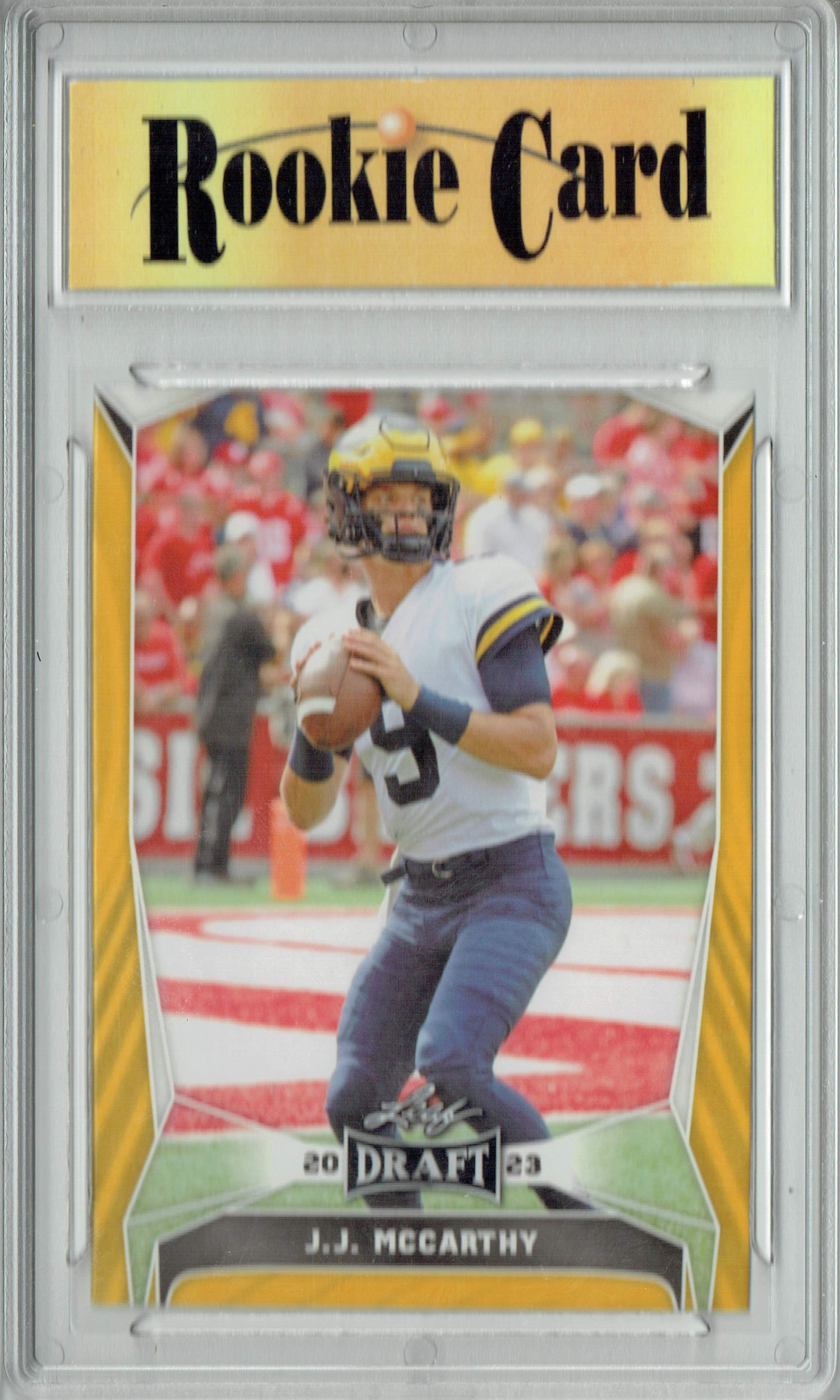 Certified Mint+ J.J. McCarthy 2023 Leaf Football #22 Gold Short Print Rookie Card