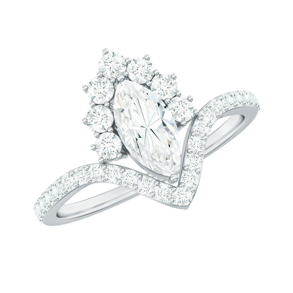 Rosec Jewels Certified Moissanite Marquise Engagement Ring - Designer Curved Engagement Ring - 4X8 mm - D-VS1 Quality, 10K White Gold, US 10.50