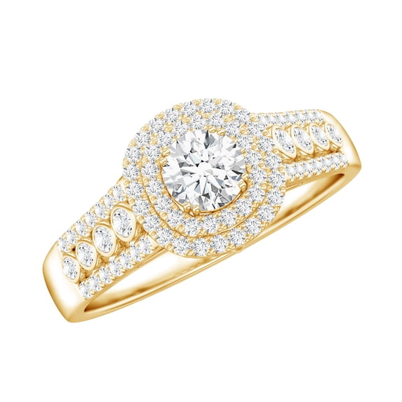Rosec Jewels Certified Moissanite Engagement Ring with Double Halo - D-VS1 Grade, 10K Yellow Gold, US 3.50