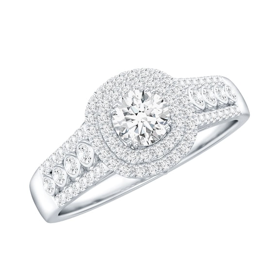 Rosec Jewels Certified Moissanite Engagement Ring with Double Halo - D-VS1 Grade, 18K White Gold, US 8.50