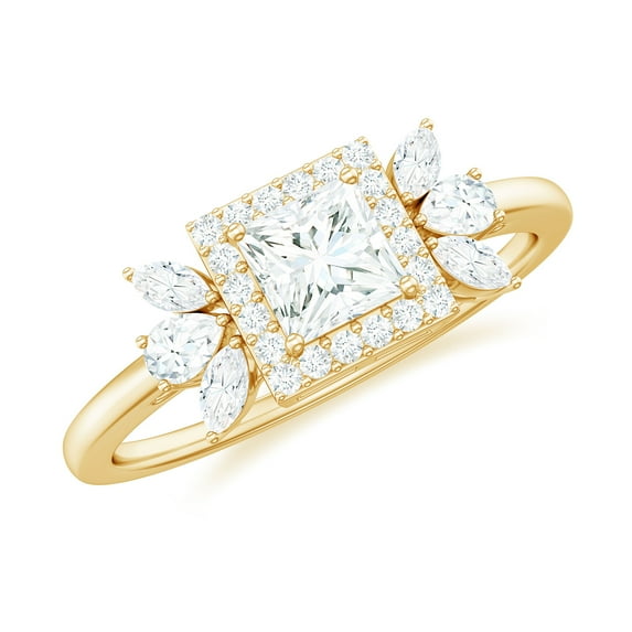 Rosec Jewels Moissanite Princess Cut Engagement Ring for Women - Designer Halo Ring - D-VS1 Quality, 18K Yellow Gold, US 9.50