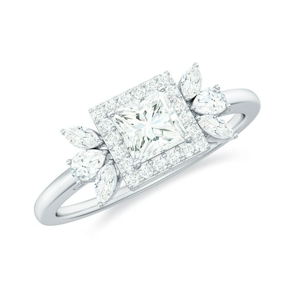 Rosec Jewels Moissanite Princess Cut Engagement Ring for Women - Designer Halo Ring - D-VS1 Quality, 925 Sterling Silver, US 3.50