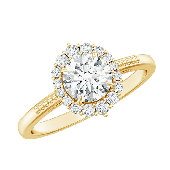 Rosec Jewels Certified Moissanite Halo Engagement Ring 1 Carat - 6 mm Round Moissanite Ring - D-VS1 Quality, 18K Yellow Gold, US 6.00
