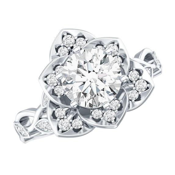 Rosec Jewels Certified Moissanite Floral Engagement Ring for Women ( D-VS1 Quality), 10K White Gold, US 3.00