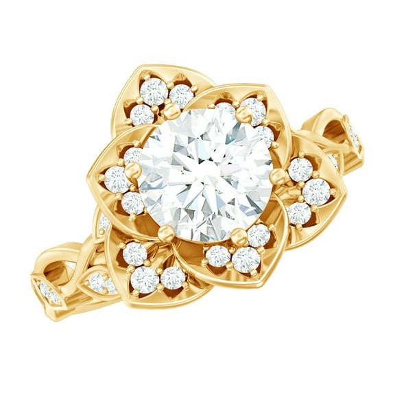 Rosec Jewels Certified Moissanite Floral Engagement Ring for Women (1.75 CT, D-VS1 Quality), 10K Yellow Gold, US 10.50