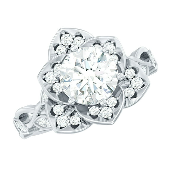 Rosec Jewels Certified Moissanite Floral Engagement Ring for Women (1.75 CT, D-VS1 Quality), 18K White Gold, US 9.50