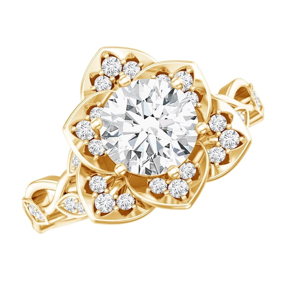 Rosec Jewels Certified Moissanite Floral Engagement Ring for Women ( D-VS1 Quality), 18K Yellow Gold, US 13.00