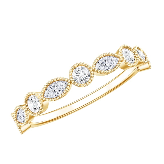 Rosec Jewels Certified Moissanite Half Eternity Ring with Beaded Details (D Color VS1 Clarity), 18K Yellow Gold, US 8.00