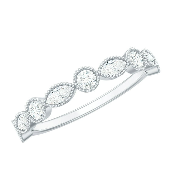 Rosec Jewels Certified Moissanite Half Eternity Ring with Beaded Details (D Color VS1 Clarity), 925 Sterling Silver, US 8.50