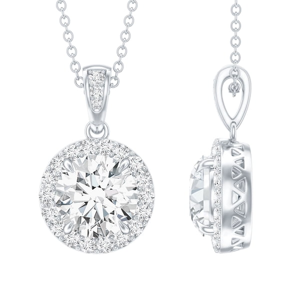 Rosec Jewels Certified Moissanite Pendant Necklace with Halo - 8mm Round - 2 Carat - D-VS1 Quality - with Jewelry Box, 14K White Gold
