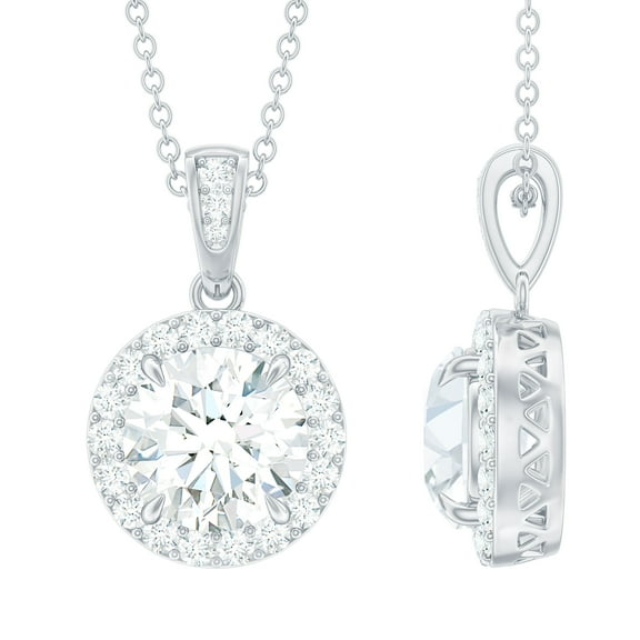 Rosec Jewels Certified Moissanite Halo Pendant Necklace for Women - D-VS1 Quality, 925 Sterling Silver