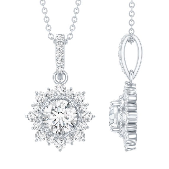 Certified Moissanite Halo Pendant with Beaded Details (D-VS1 Grade), 925 Sterling Silver