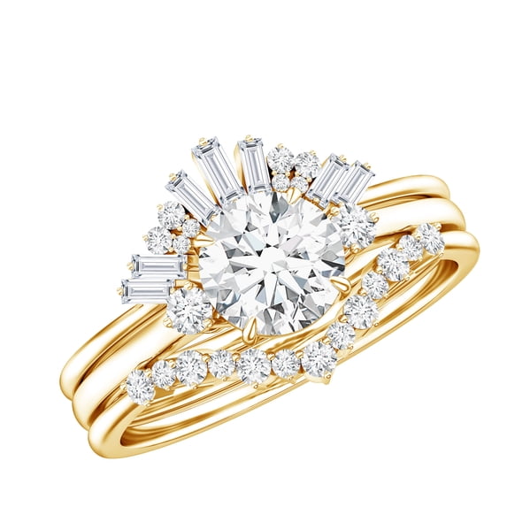 Rosec Jewels Moissanite Wedding Ring Set of 3 - Vintage Inspired Engagement Ring with Enhancer - D-VS1 Grade, 18K Yellow Gold, US 3.00