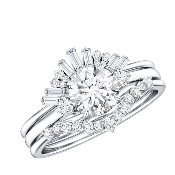 Rosec Jewels Moissanite Wedding Ring Set of 3 - Vintage Inspired Engagement Ring with Enhancer - D-VS1 Grade, 925 Sterling Silver, US 4.00