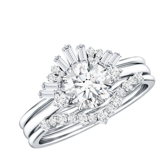 Rosec Jewels Moissanite Wedding Ring Set of 3 - Vintage Inspired Engagement Ring with Enhancer - D-VS1 Grade, 925 Sterling Silver, US 4.00