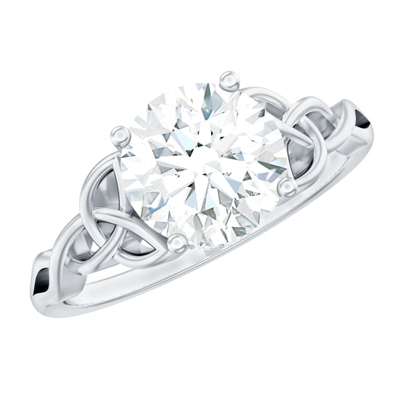 Round Cut Moissanite Solitaire Engagement Ring with Celtic Knot (2 Ct, 8 mm), 10K White Gold, US 6.00