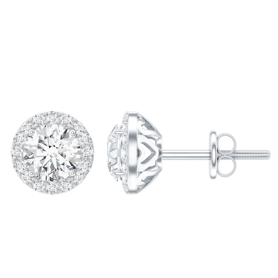 Rosec Jewels Certified Moissanite Stud Earrings with Halo for Women (D-VS1 Quality), 14K White Gold