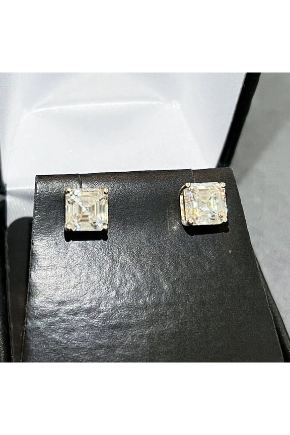 Certified Moissanite Stud Solitaire Earrings 14k White Gold Plated Silver For Birthday Gift 2 Ct Asscher Cut Earrings