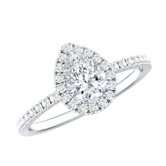 Rosec Jewels Certified Moissanite Teardrop Engagement Ring with Halo - 5x7 mm - D-VS1 Grade, 10K White Gold, US 11.50