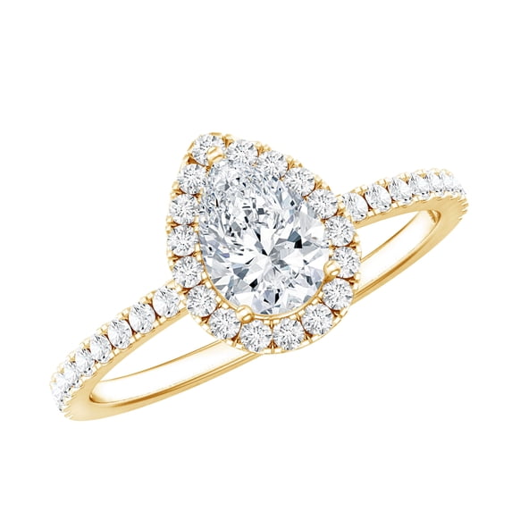 Rosec Jewels Certified Moissanite Teardrop Engagement Ring with Halo - 5x7 mm - D-VS1 Grade, 10K Yellow Gold, US 6.00