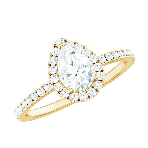 Rosec Jewels Certified Moissanite Teardrop Engagement Ring with Halo - 5x7 mm - D-VS1 Grade, 14K Yellow Gold, US 10.50