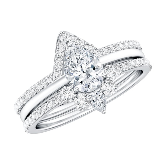 Rosec Jewels Moissanite Wedding Ring Set of 3 - Teardrop Engagement Ring with Enhancer - D-VS1 Quality, 10K White Gold, US 11.00