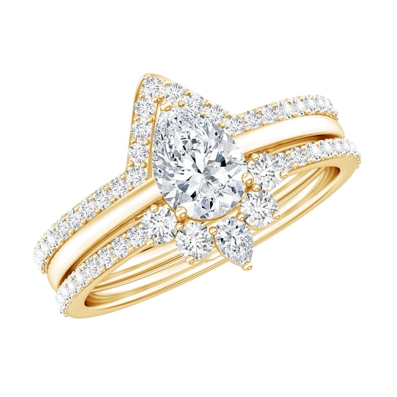 Rosec Jewels Moissanite Wedding Ring Set of 3 - Teardrop Engagement Ring with Enhancer - D-VS1 Quality, 10K Yellow Gold, US 3.50