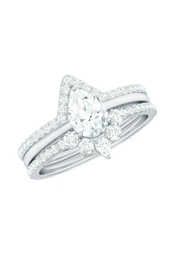 Moissanite Wedding Ring Set of 3 - Teardrop Engagement Ring with Enhancer - D-VS1 Quality, 925 Sterling Silver, US 4.00