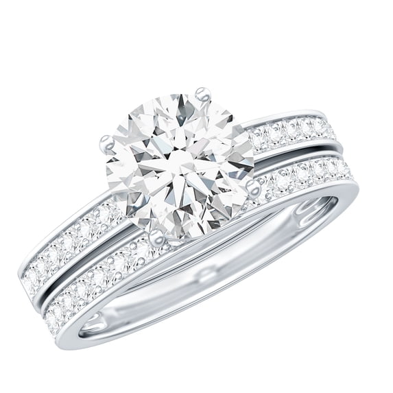 Rosec Jewels Moissanite Wedding Ring Set - 2 Carat Engagement Ring with Band - 8 mm Round Ring - D-VS1 Grade, 14K White Gold, US 4.50