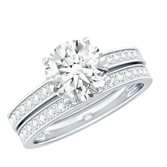 Rosec Jewels Moissanite Wedding Ring Set - 2 Carat Engagement Ring with Band - 8 mm Round Ring - D-VS1 Grade, 14K White Gold, US 5.50