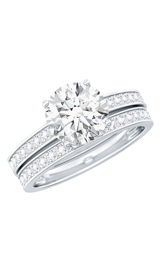 Moissanite Wedding Ring Set - 2 Carat Engagement Ring with Band - 8 mm Round Ring - D-VS1 Grade, 925 Sterling Silver, US 4.00