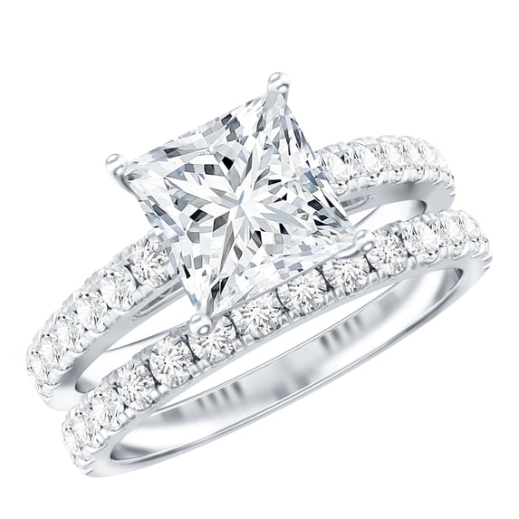 Rosec Jewels Certified Moissanite Princess Cut Wedding Ring Set for Women (8 mm, D-VS1 Quality) - 3 Carat Engagement Ring with Band, 10K White Gold, US 8.50