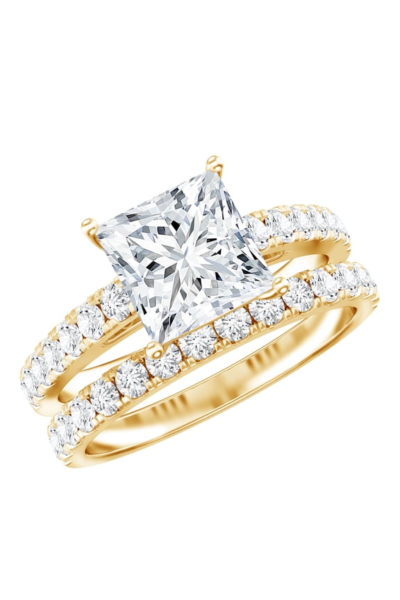 Certified Moissanite Princess Cut Wedding Ring Set for Women (8 mm, D-VS1 Quality) - 3 Carat Engagement Ring with Band, 10K Yellow Gold, US 8.00