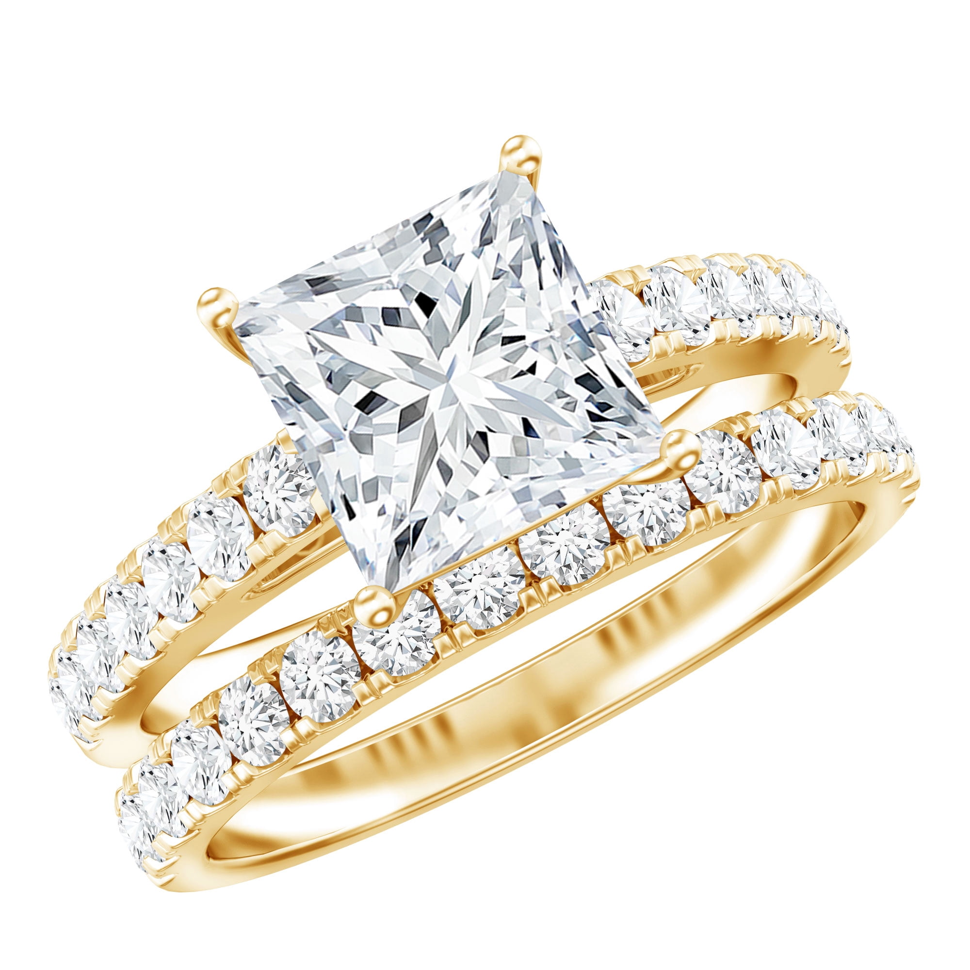 Rosec Jewels Certified Moissanite Princess Cut Wedding Ring Set for Women (8 mm, D-VS1 Quality) - 3 Carat Engagement Ring with Band, 14K Yellow Gold, US 10.00