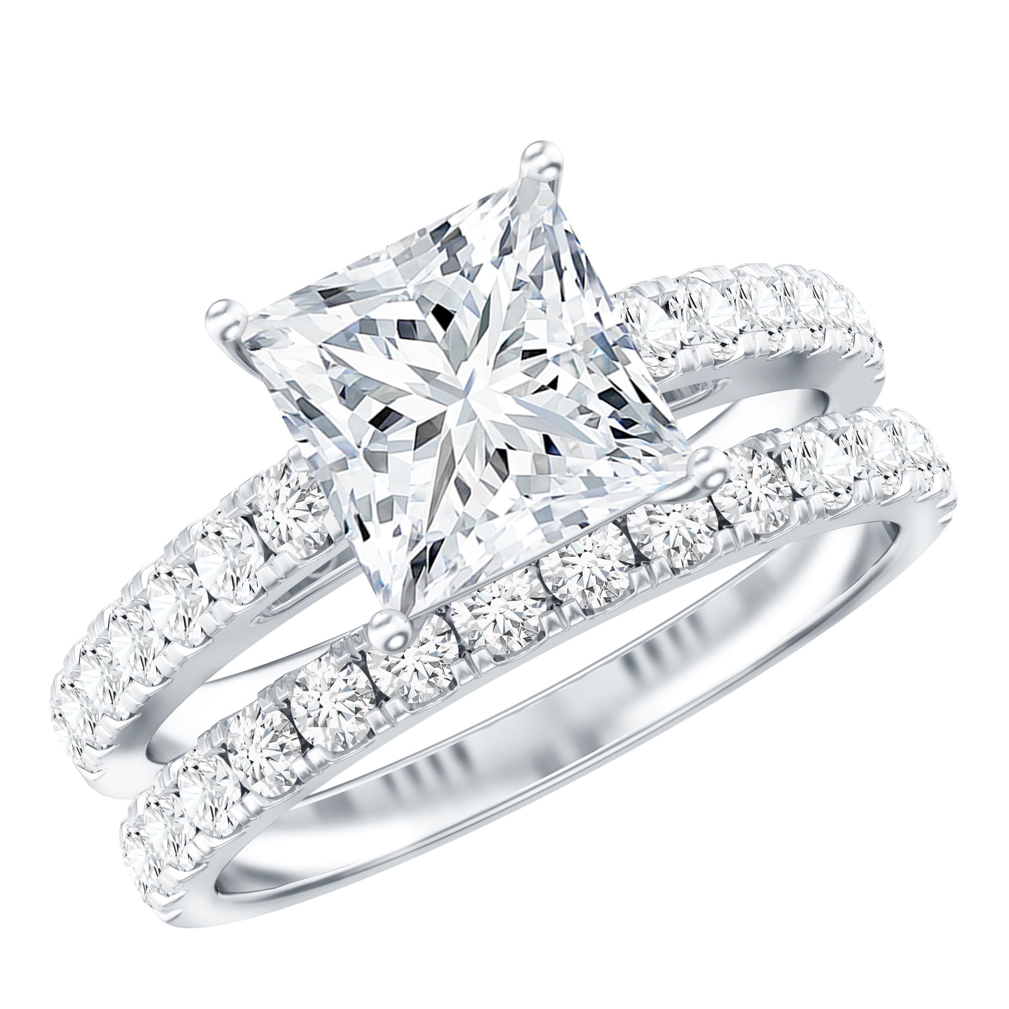 Rosec Jewels Certified Moissanite Princess Cut Wedding Ring Set for Women (8 mm, D-VS1 Quality) - 3 Carat Engagement Ring with Band, 925 Sterling Silver, US 9.50