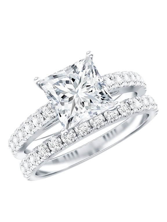 Certified Moissanite Princess Cut Wedding Ring Set for Women (8 mm, D-VS1 Quality) - 3 Carat Engagement Ring with Band, 925 Sterling Silver, US 9.50