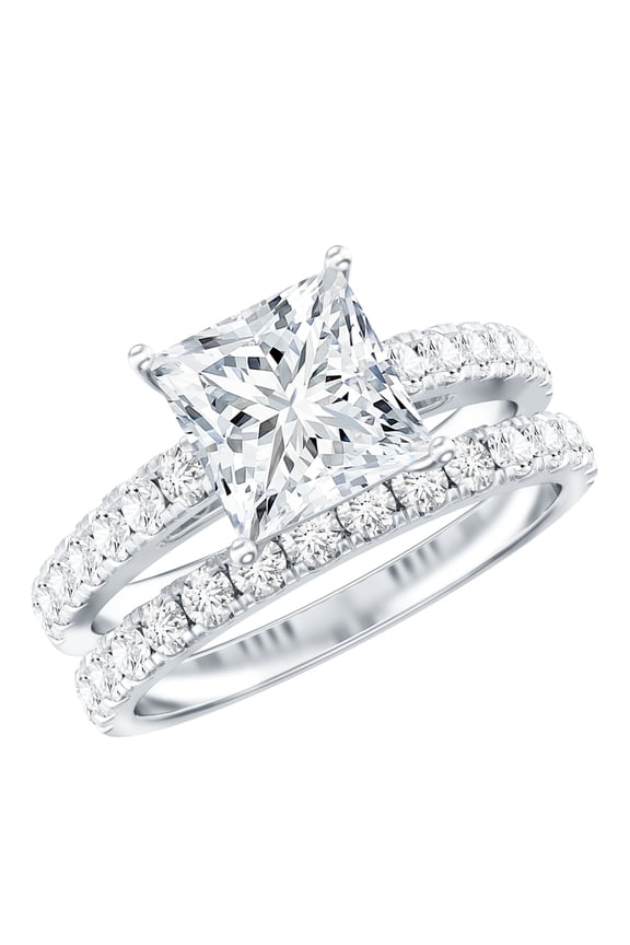 Certified Moissanite Princess Cut Wedding Ring Set for Women (8 mm, D-VS1 Quality) - 3 Carat Engagement Ring with Band, 925 Sterling Silver, US 9.50