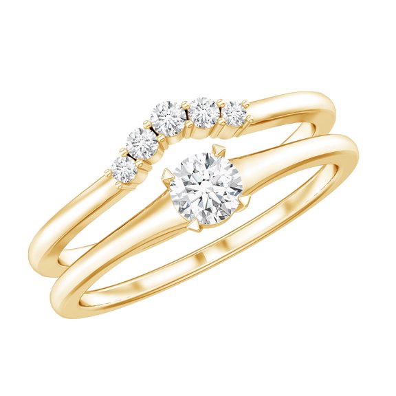 Rosec Jewels Moissanite Wedding Ring Set of 2 - Minimalist Engagement Ring with Enhancer - D-VS1 Quality, 18K Yellow Gold, US 7.50