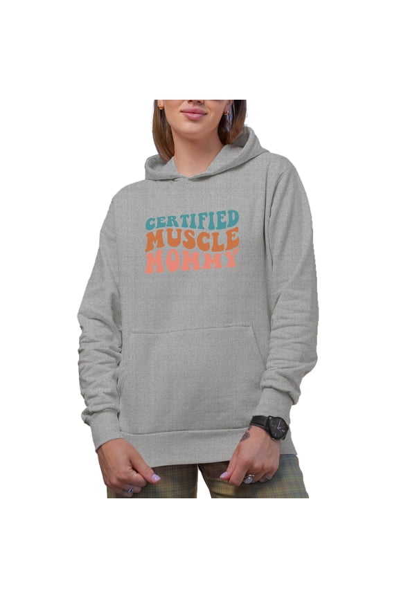 Certified Muscle Mommy, Weight Lifter or Bodybuilder Mom Quote, Groovy Retro Wavy Text Merch Gift, Heather Grey Hooded Sweatshirt or Hoodie, Large
