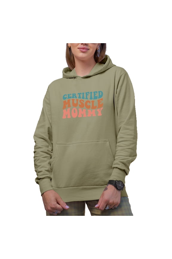 Certified Muscle Mommy, Weight Lifter or Bodybuilder Mom Quote, Groovy Retro Wavy Text Merch Gift, Sand Hooded Sweatshirt or Hoodie, Small