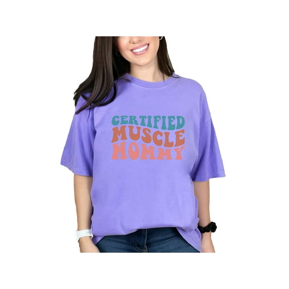 Certified Muscle Mommy, Weightlifter or Bodybuilder Mom, Groovy Retro Wavy Text, Violet Comfort Colors T-Shirt, Medium