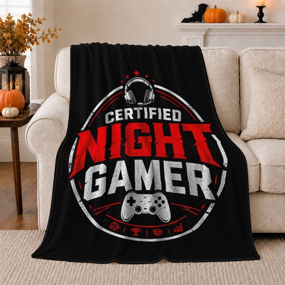 Certified Night Gamer Emblem, Festive Holiday Scene, Warm Flannel Blanket for Living Room and Reading Nook with Detailed Artwork, Art Lovers Christmas Gift, Festive Home Decor