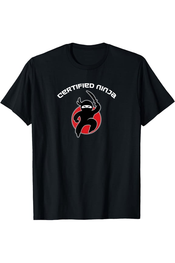Certified Ninja Black Graphic T-Shirt for Adults - Stylized Ninja Logo with Sword Design