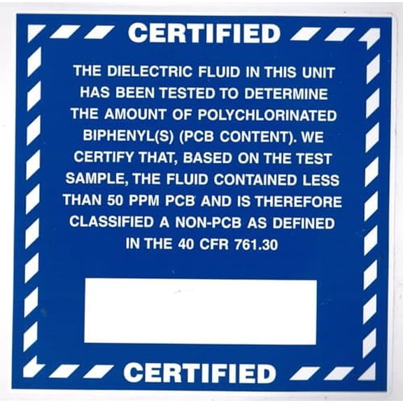 Certified, Non-PCB, Industrial Label, 6" x 6", Vinyl, Adhesive Backed, Dark Blue & White - Roll of 100 Labels$$Office