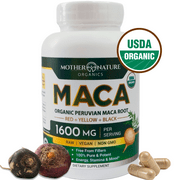 Certified Organic Maca Root Capsules 1600mg - Highest Potency w/Organic Black, Red, Yellow Maca Root for Men & Women - Energy, Hormone Balance, Performance, Pre Workout, Vegan, Non-GMO (120 Ct)