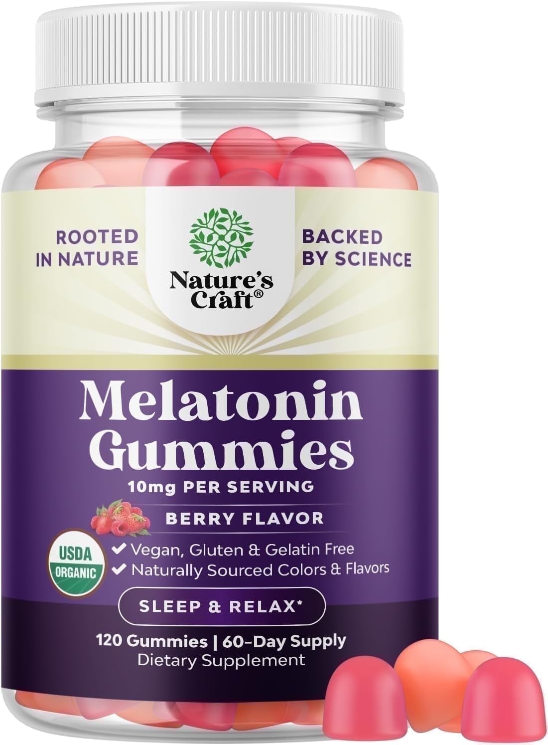 Natures Craft Organic Melatonin Gummies, 10mg Sleep Aid Supplement for Better Sleep, 120 Capsules