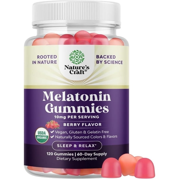 Natures Craft Organic Melatonin Gummies, 10mg Sleep Aid Supplement for Better Sleep, 120 Capsules