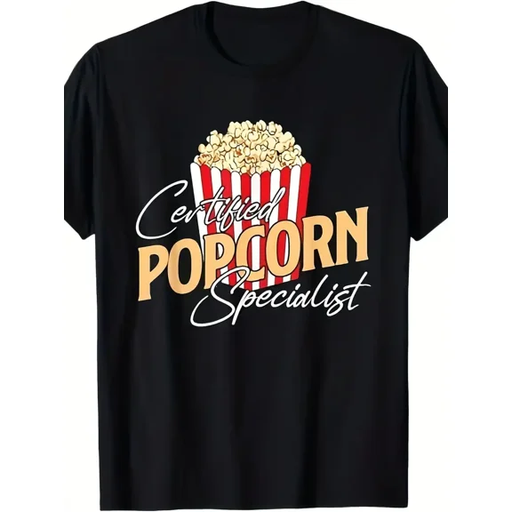 Certified Popcorn Expert T-Shirt - Funny Movie Theater Graphic Tee - Heavyweight 180gsm Cotton Shirt - Black with Red & White Stripes - Snack Fan Apparel for Cinema Lovers