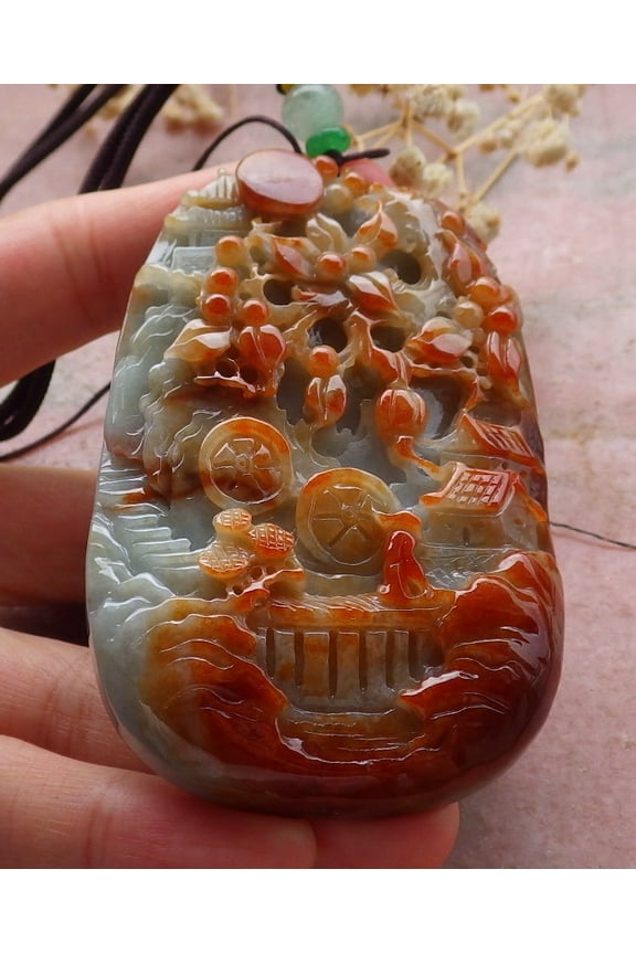 Certified Red Burma 100% Natural A Jade jadeite Landscape painting Tree Necklace 659073 TN